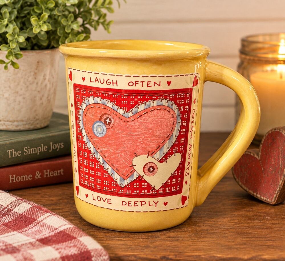 Vintage Russ Yellow/Tan Mug with Red Heart Patchwork Country Cottage Grandma